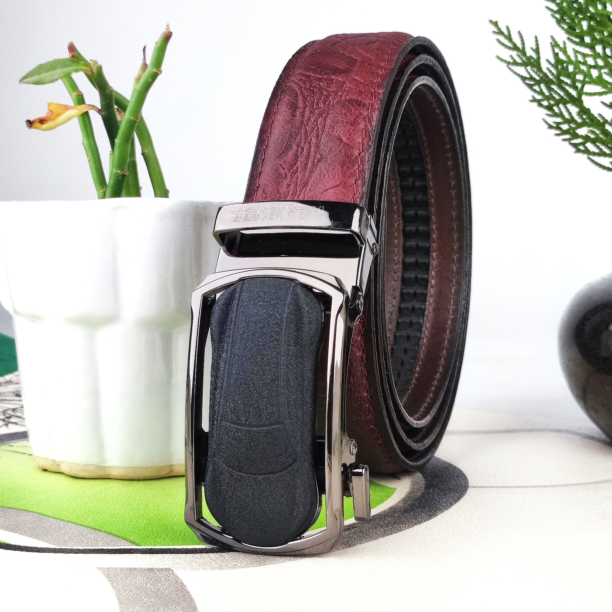 Hemener Men Metal Auto Grip Buckle Cherry Brown Croc Pattern Genuine Leather Belt