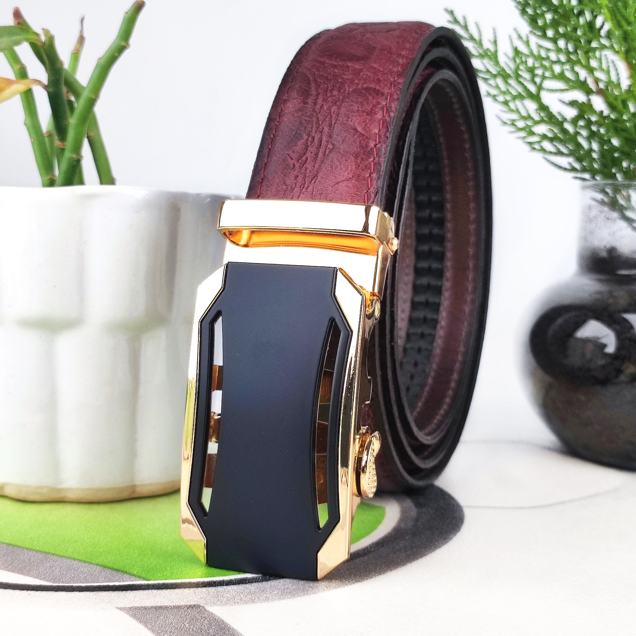 Hemener Men Metal Auto Grip Buckle Cherry Brown Croc Pattern Genuine Leather Belt