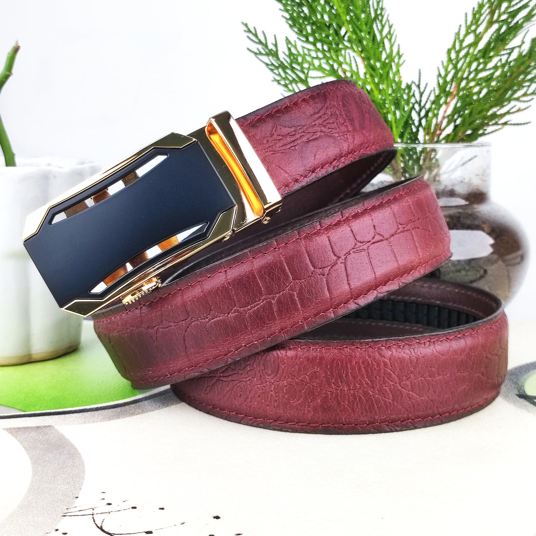 Hemener Men Metal Auto Grip Buckle Cherry Brown Croc Pattern Genuine Leather Belt