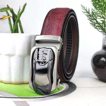 Hemener Men Metal Auto Grip Buckle Cherry Brown Croc Pattern Genuine Leather Belt