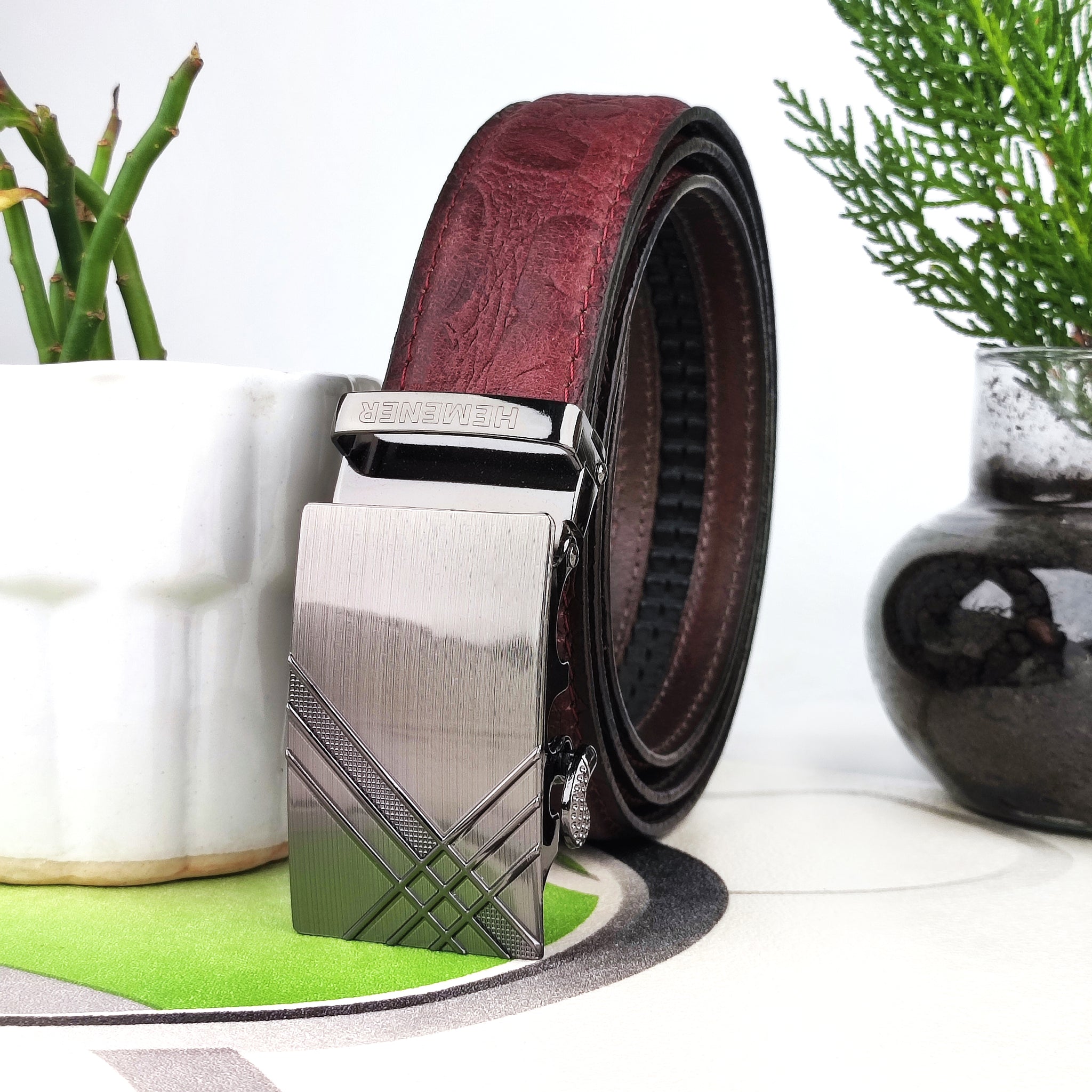 Hemener Men Metal Auto Grip Buckle Cherry Brown Croc Pattern Genuine Leather Belt