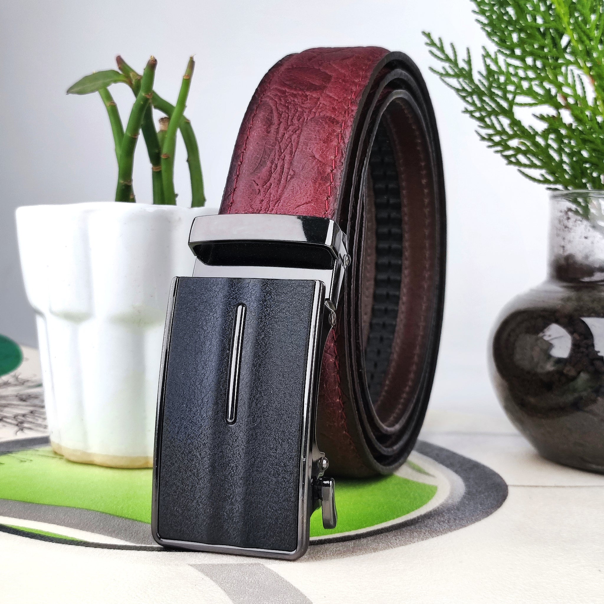 Hemener Men Metal Auto Grip Buckle Cherry Brown Croc Pattern Genuine Leather Belt