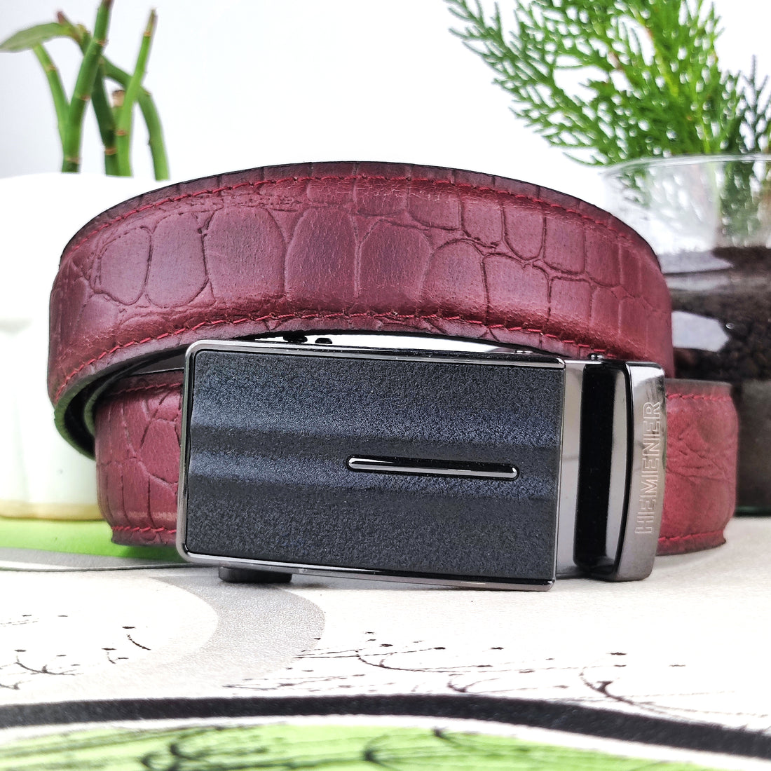 Hemener Men Metal Auto Grip Buckle Cherry Brown Croc Pattern Genuine Leather Belt