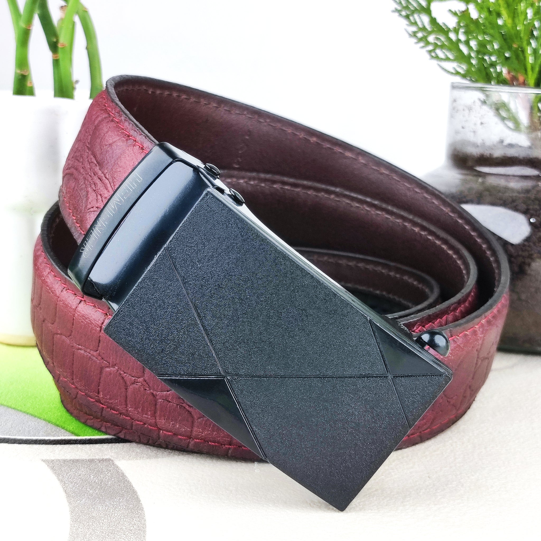 Hemener Men Metal Auto Grip Buckle Cherry Brown Croc Pattern Genuine Leather Belt