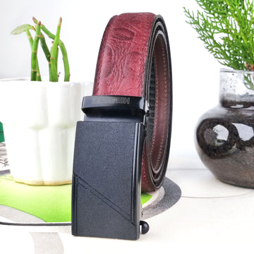 Hemener Men Metal Auto Grip Buckle Cherry Brown Croc Pattern Genuine Leather Belt