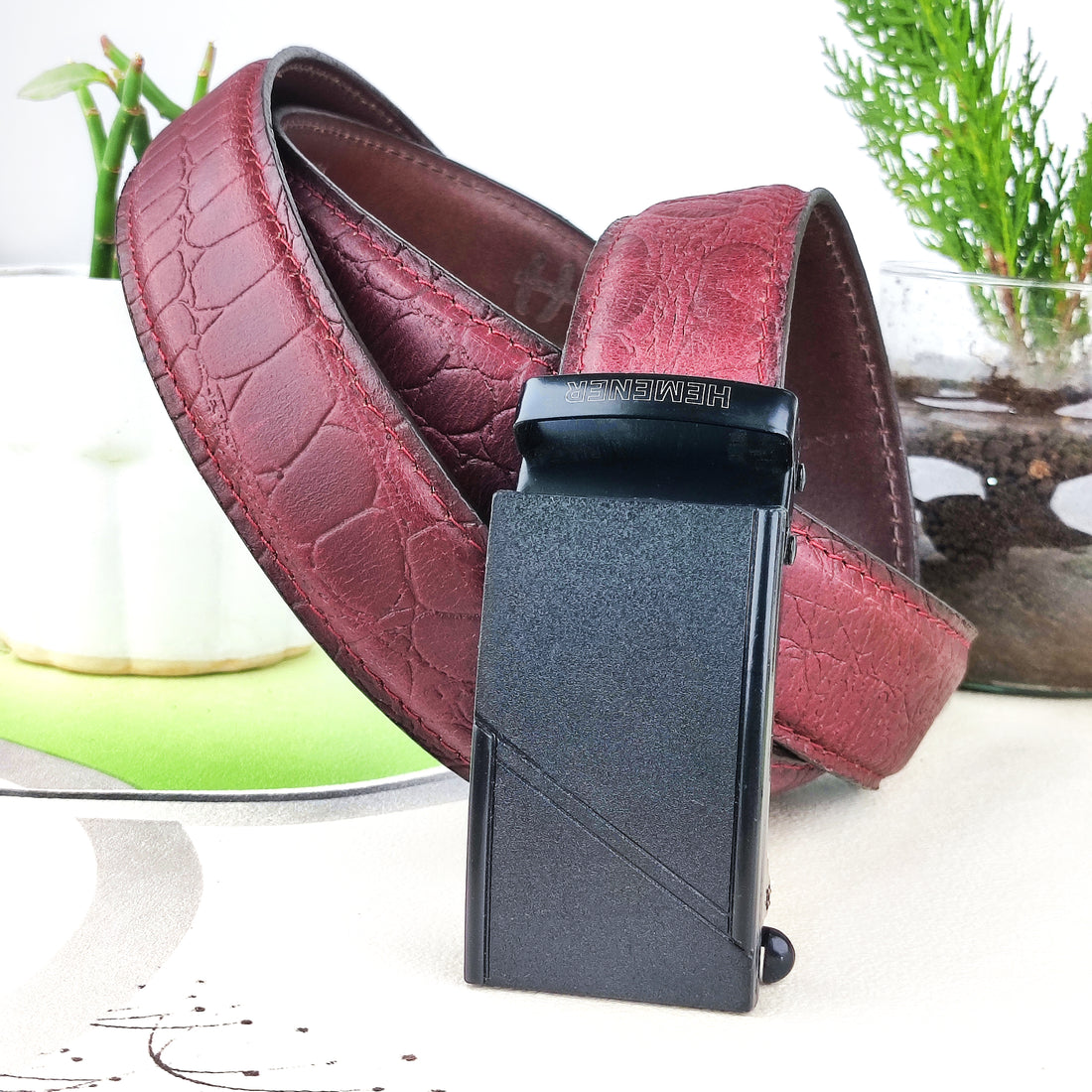 Hemener Men Metal Auto Grip Buckle Cherry Brown Croc Pattern Genuine Leather Belt