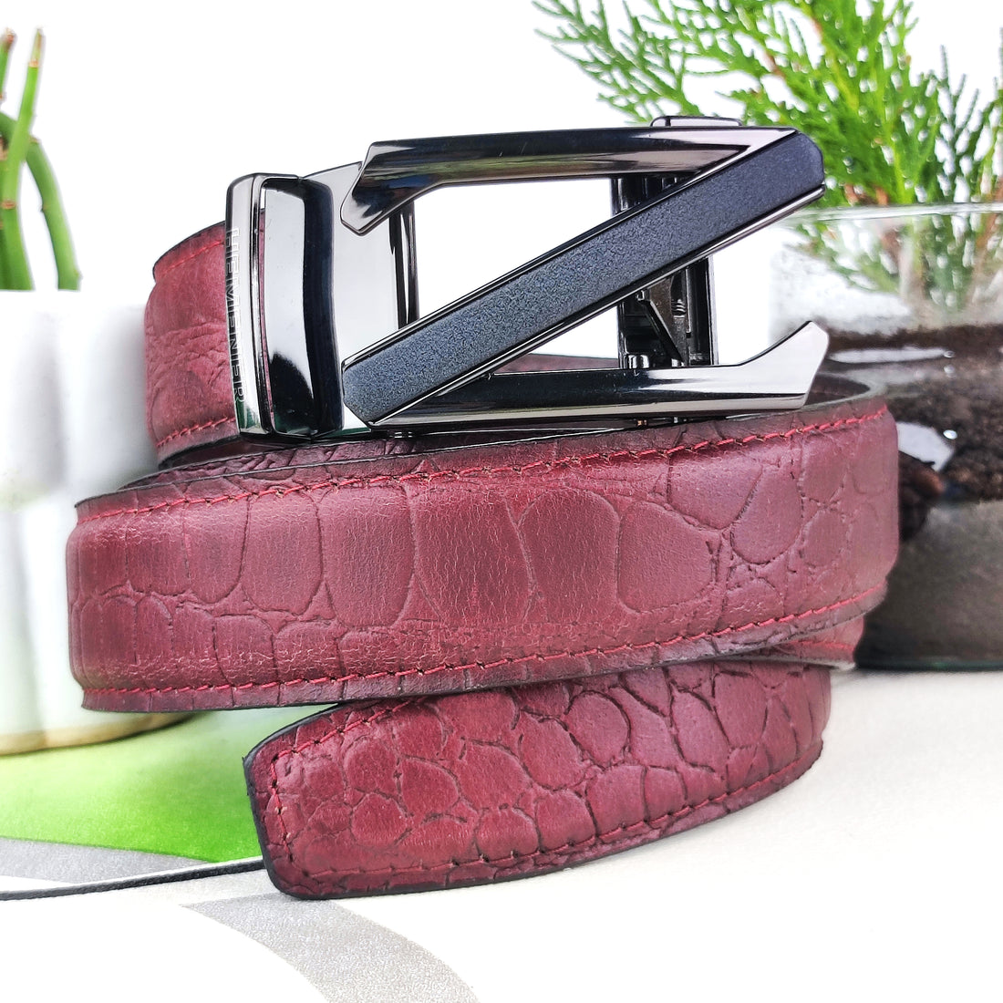 Hemener Men Metal Auto Grip Buckle Cherry Brown Croc Pattern Genuine Leather Belt