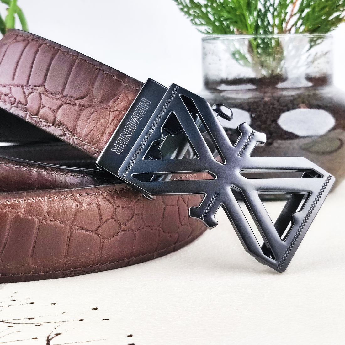 Hemener Men Metal Auto Grip Buckle Brown Croc Pattern Genuine Leather Belt