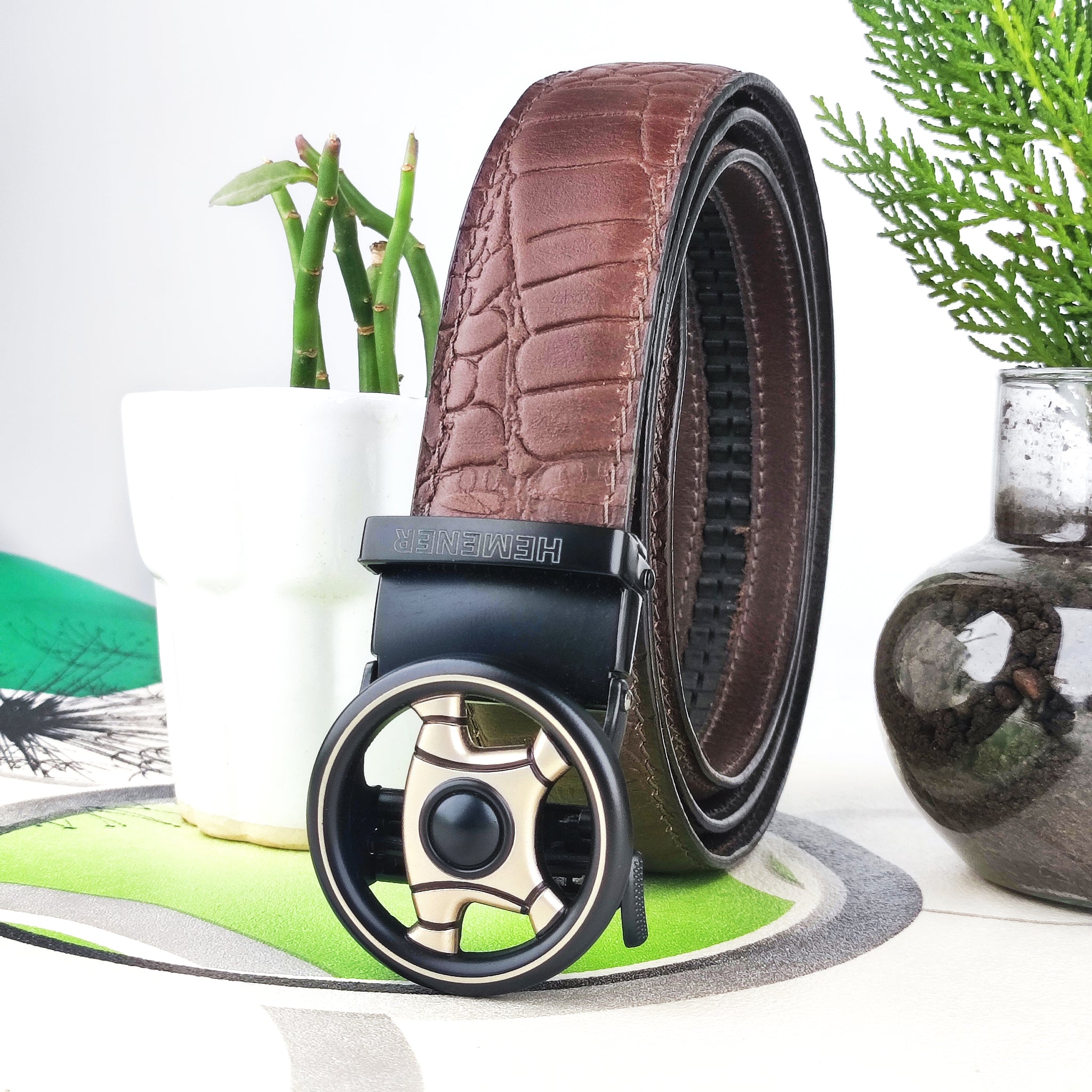 Hemener Men Metal Auto Grip Buckle Brown Croc Pattern Genuine Leather Belt