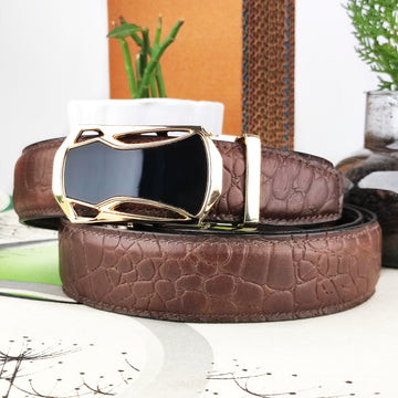 Hemener Men Metal Auto Grip Buckle Brown Croc Pattern Genuine Leather Belt