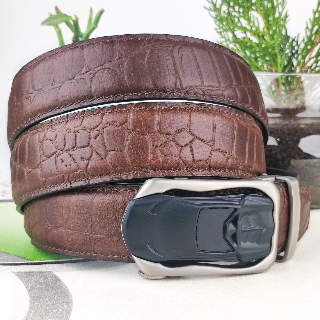 Hemener Men Metal Auto Grip Buckle Brown Croc Pattern Genuine Leather Belt