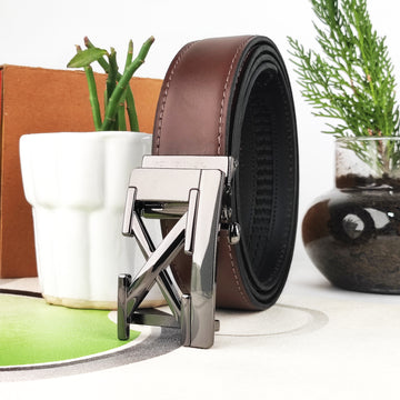 Hemener Men Metal Auto Grip Buckle Dark Brown Genuine Leather Belt