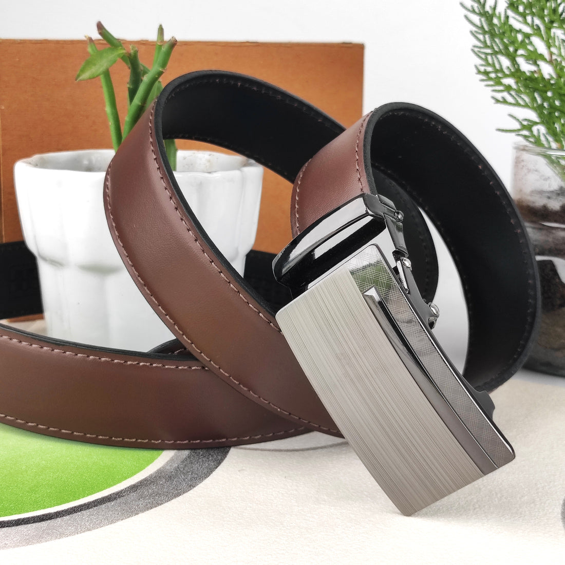 Hemener Men Metal Auto Grip Buckle Dark Brown Genuine Leather Belt