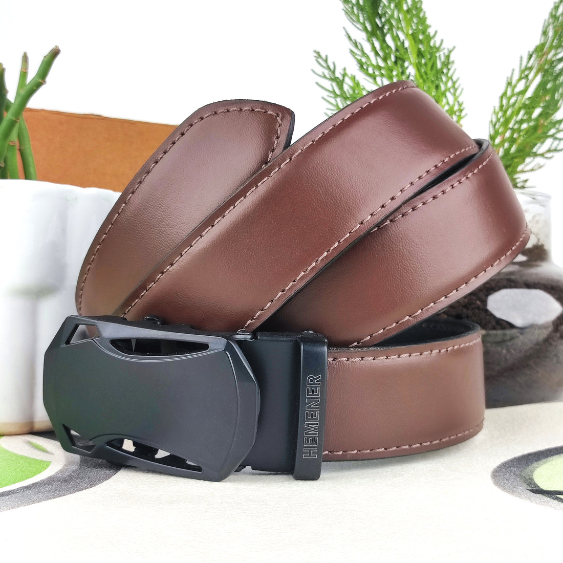 Hemener Men Metal Auto Grip Buckle Dark Brown Genuine Leather Belt