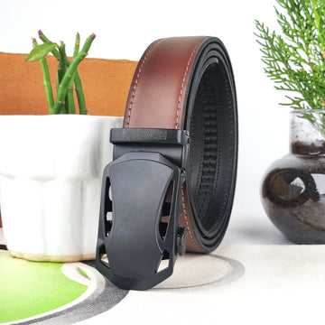 Hemener Men Metal Auto Grip Buckle Dark Brown Genuine Leather Belt