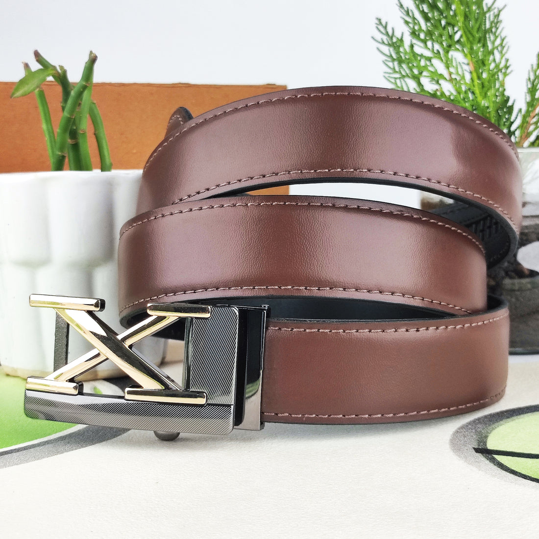 Hemener Men Metal Auto Grip Buckle Dark Brown Genuine Leather Belt