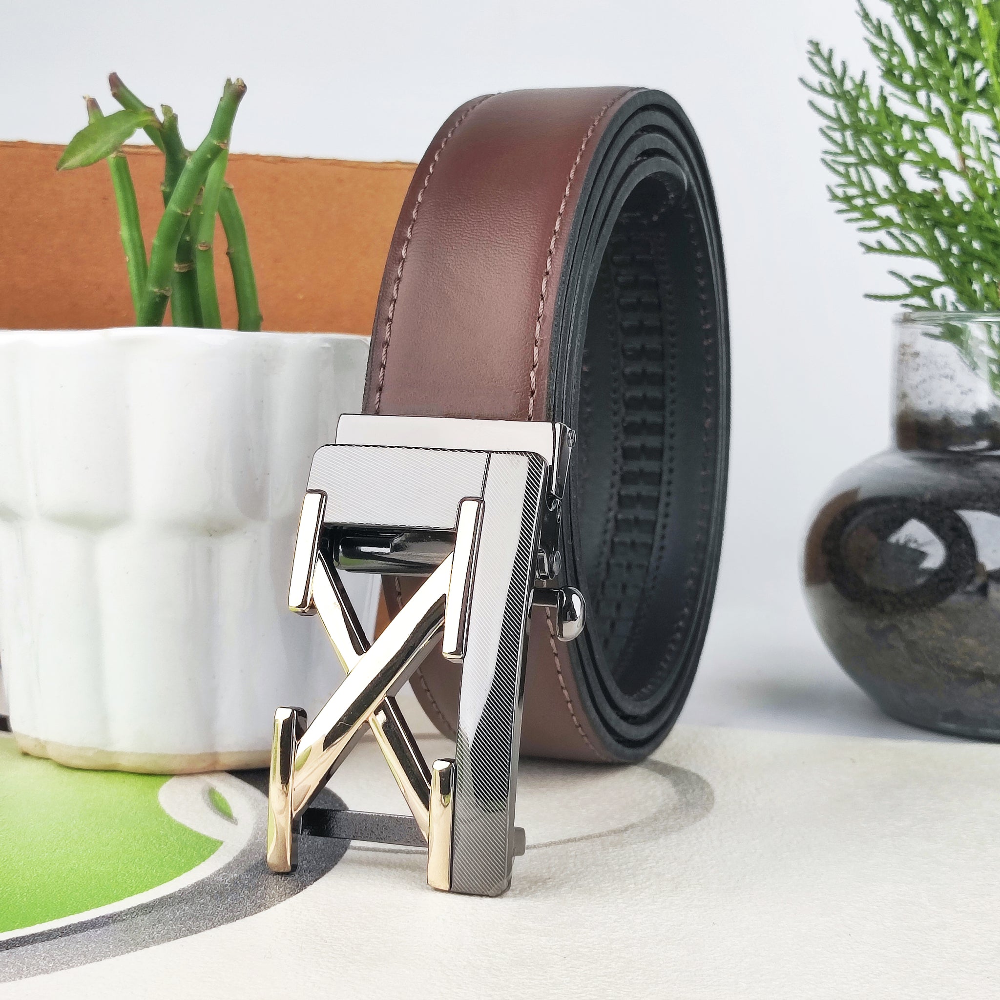 Hemener Men Metal Auto Grip Buckle Dark Brown Genuine Leather Belt