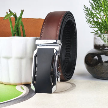 Hemener Men Metal Auto Grip Buckle Dark Brown Genuine Leather Belt