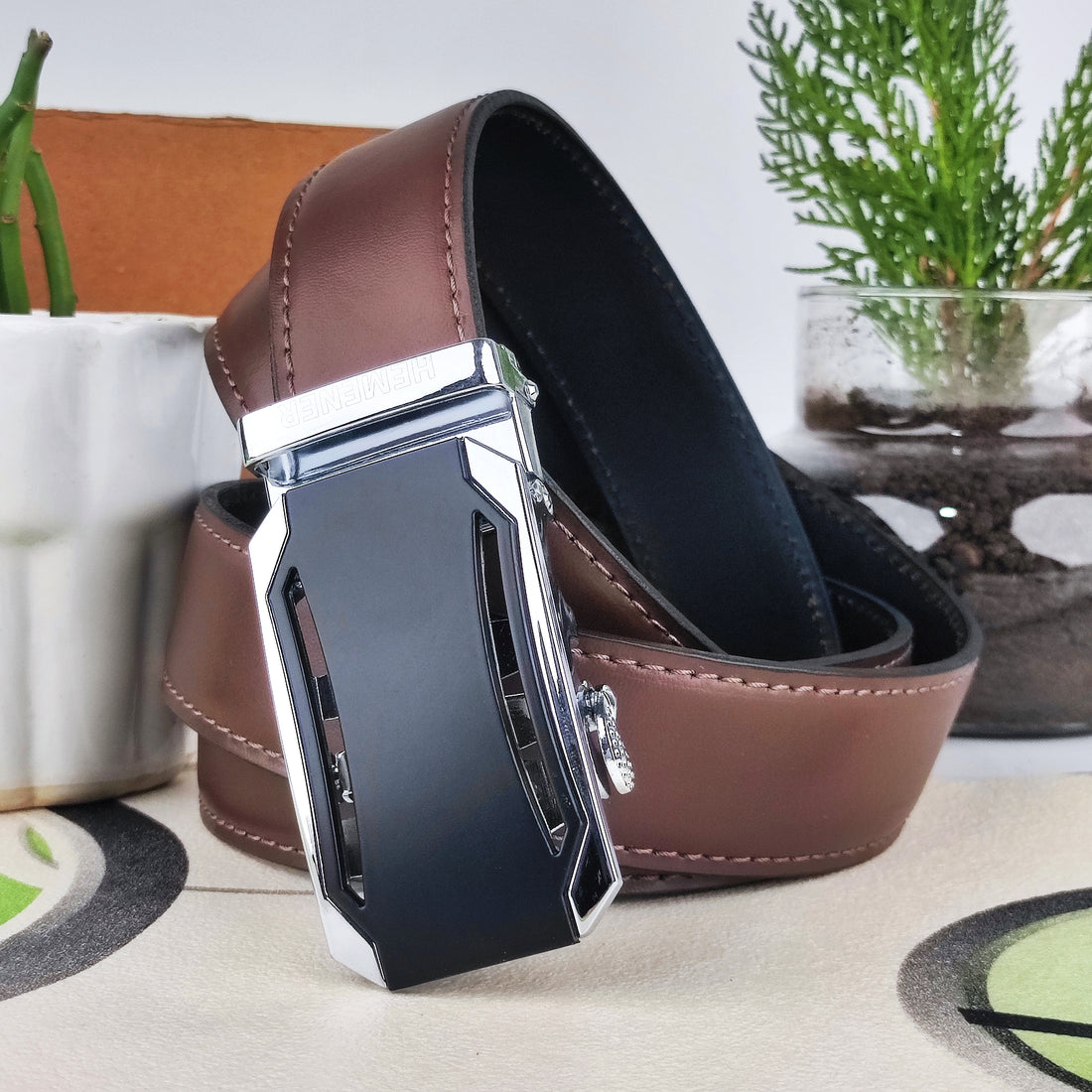 Hemener Men Metal Auto Grip Buckle Dark Brown Genuine Leather Belt