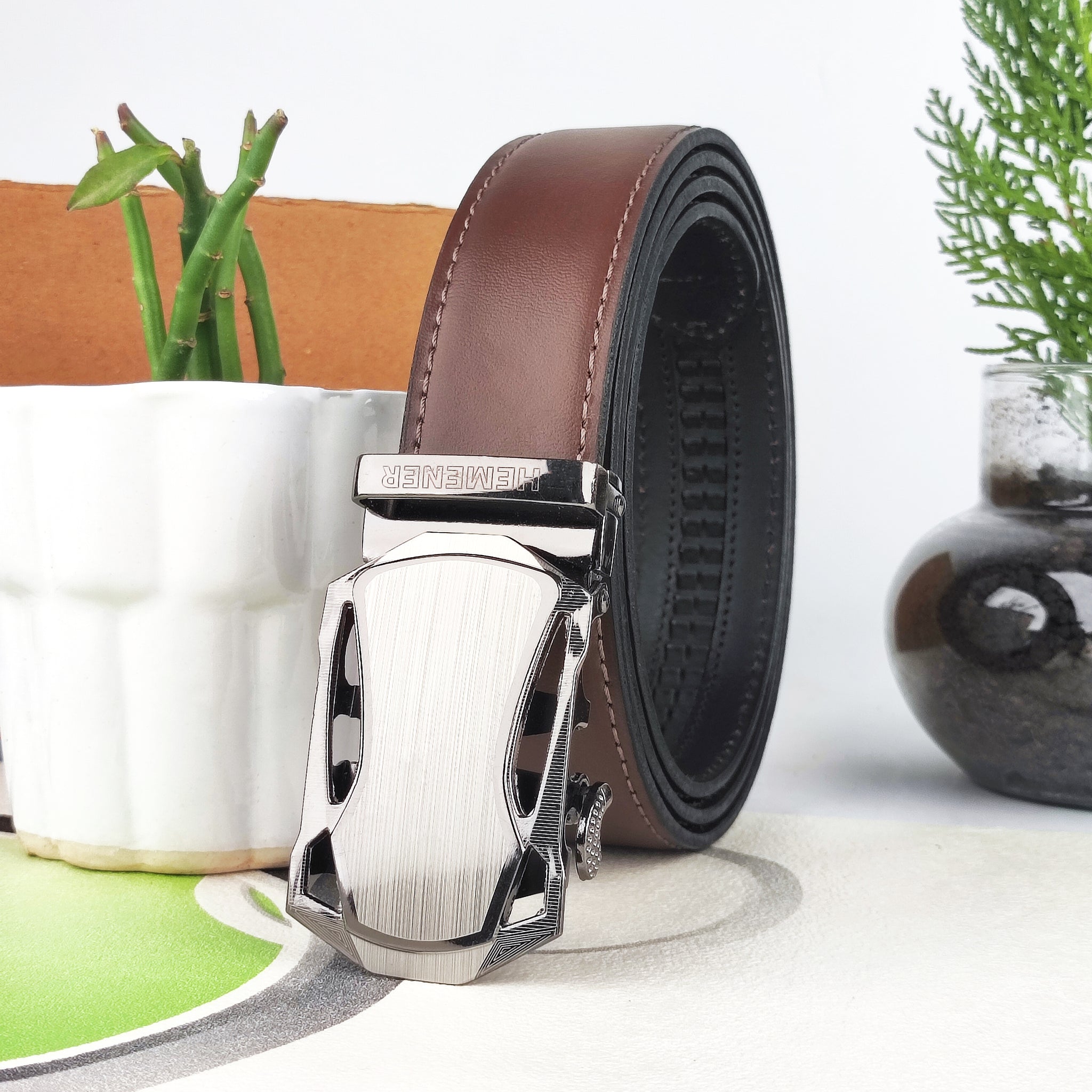 Hemener Men Metal Auto Grip Buckle Dark Brown Genuine Leather Belt