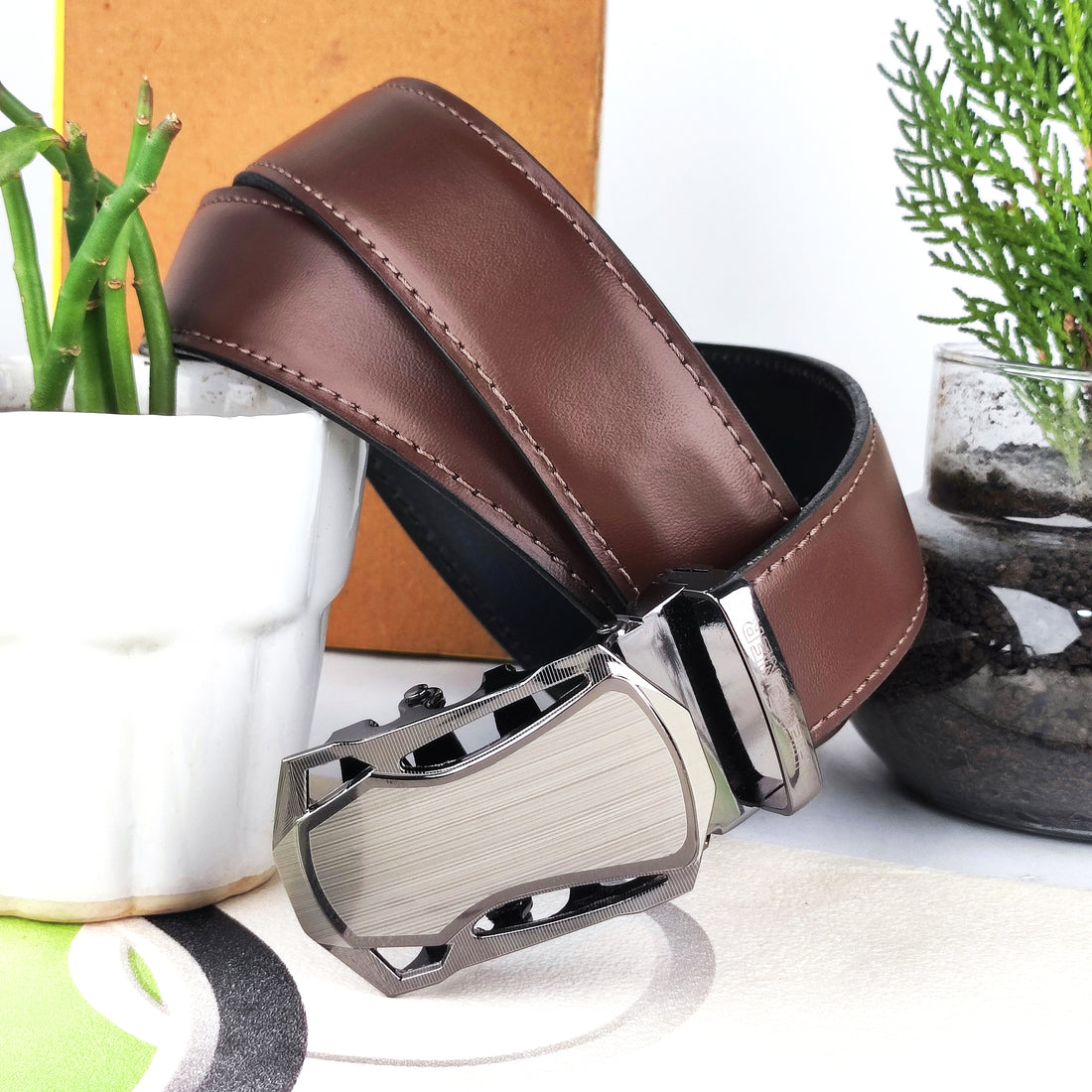 Hemener Men Metal Auto Grip Buckle Dark Brown Genuine Leather Belt