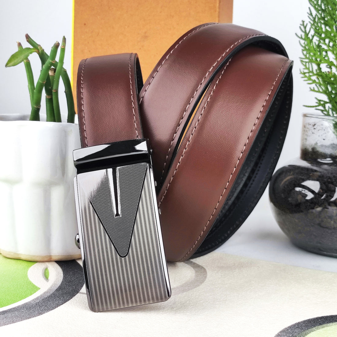 Hemener Men Metal Auto Grip Buckle Dark Brown Genuine Leather Belt