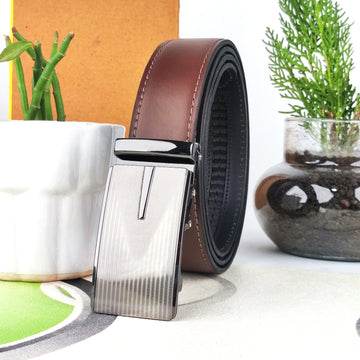 Hemener Men Metal Auto Grip Buckle Dark Brown Genuine Leather Belt