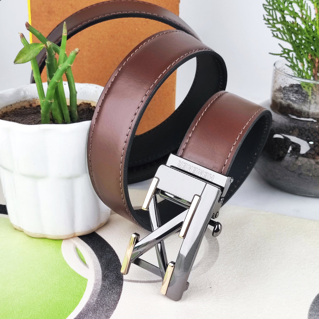 Hemener Men Metal Auto Grip Buckle Dark Brown Genuine Leather Belt