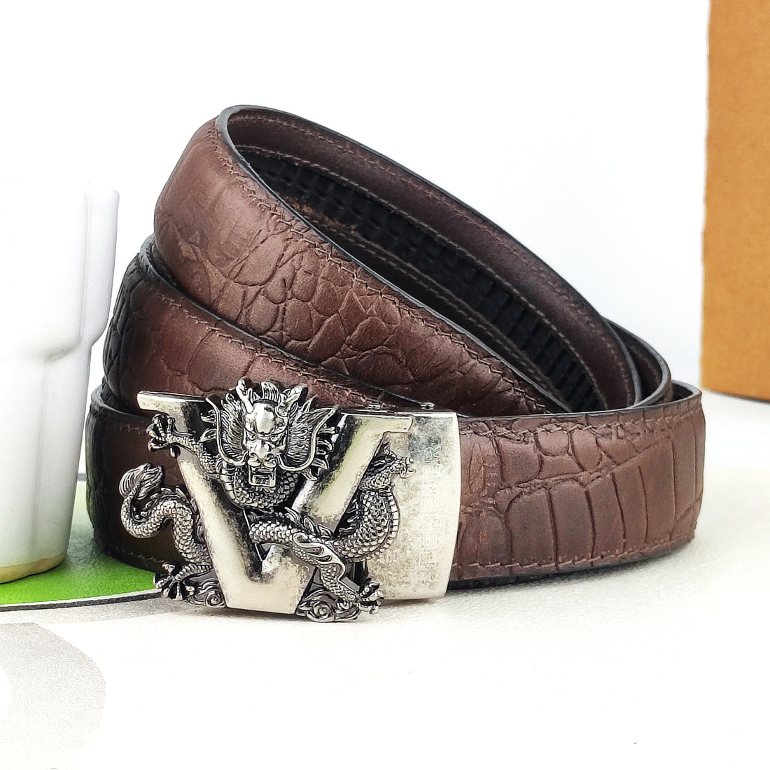 Hemener Men Metal Auto Grip Buckle Brown Croc Pattern Genuine Leather Belt