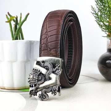 Hemener Men Metal Auto Grip Buckle Brown Croc Pattern Genuine Leather Belt