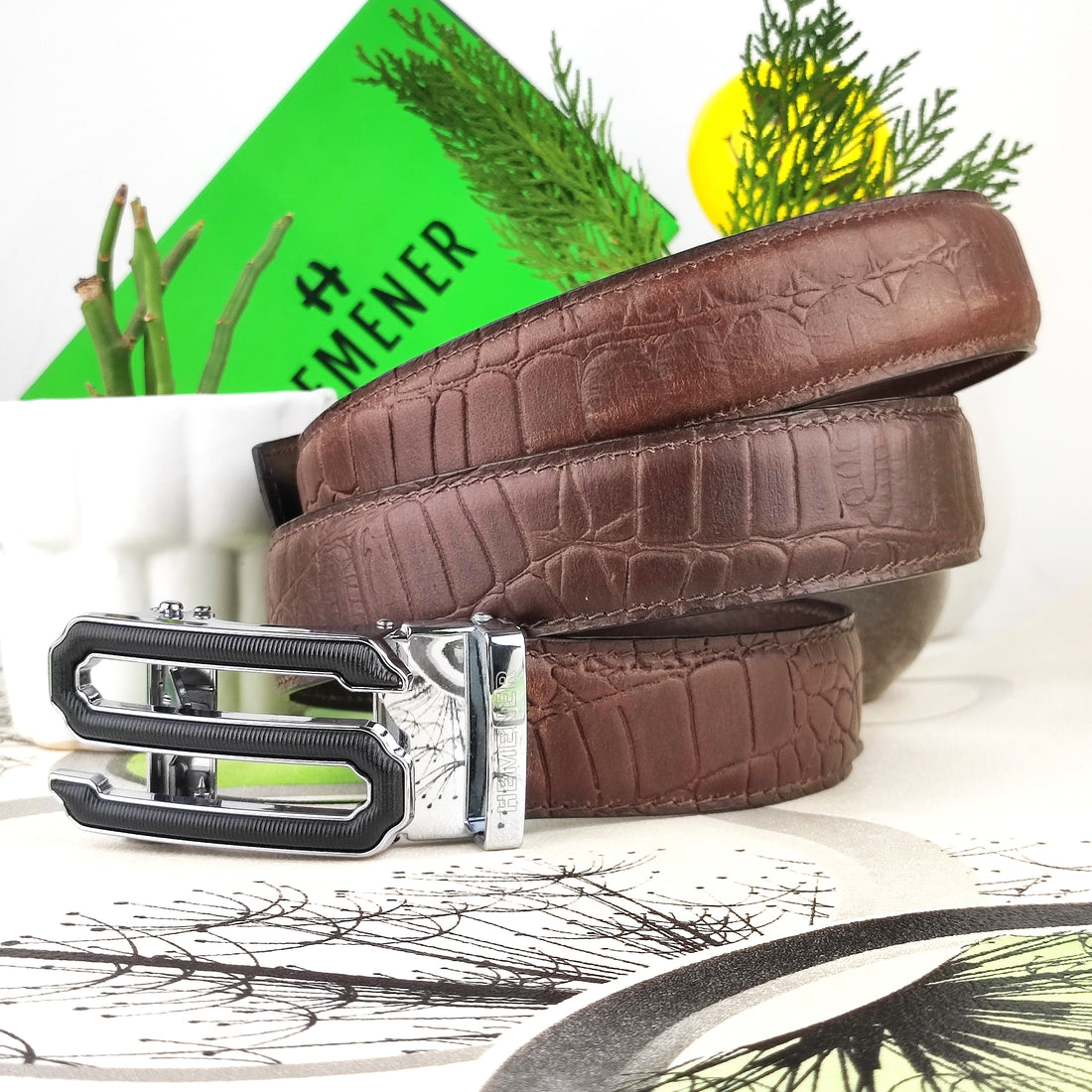 Hemener Men S Letter Auto Grip Buckle Brown Croc Pattern Genuine Leather Belt