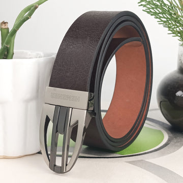 Hemener Men Metal Pin Hole Buckle Dark Brown Textured Pattern  Genuine Leather Belt