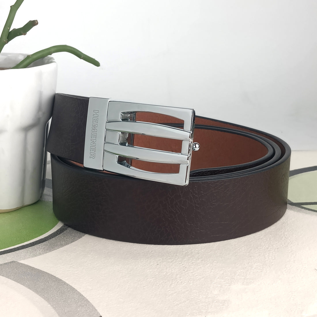 Hemener Men Metal Pin Hole Buckle Dark Brown Textured Pattern  Genuine Leather Belt