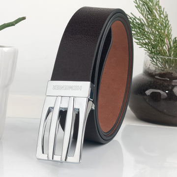 Hemener Men Metal Pin Hole Buckle Dark Brown Textured Pattern  Genuine Leather Belt