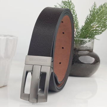 Hemener Men Metal Pin Hole Buckle Dark Brown Textured Pattern  Genuine Leather Belt