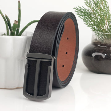 Hemener Men Metal Pin Hole Buckle Dark Brown Textured Pattern  Genuine Leather Belt