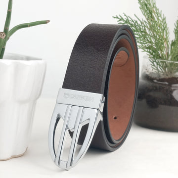 Hemener Men Metal Pin Hole Buckle Dark Brown Textured Pattern  Genuine Leather Belt