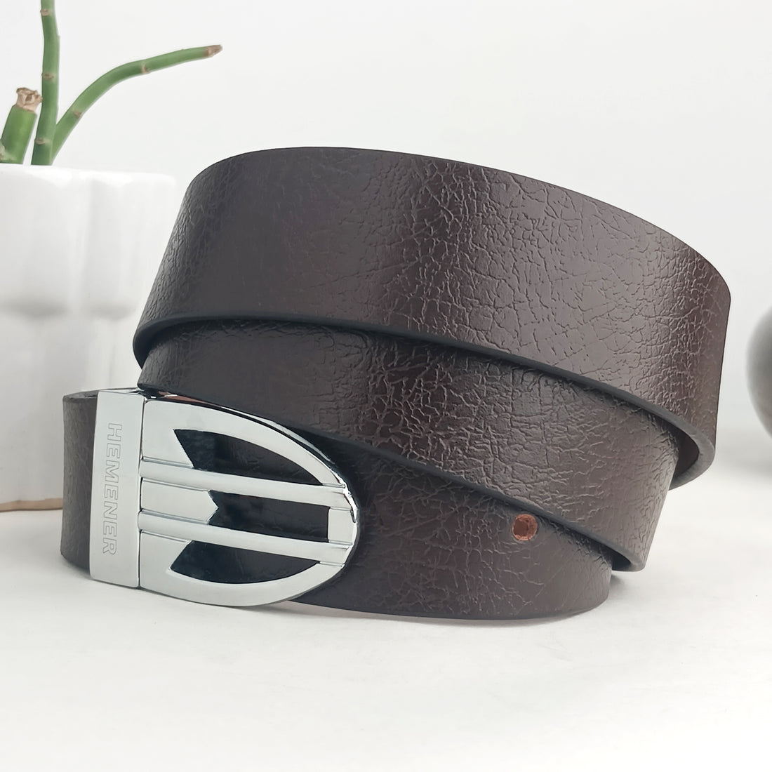 Hemener Men Metal Pin Hole Buckle Dark Brown Textured Pattern  Genuine Leather Belt