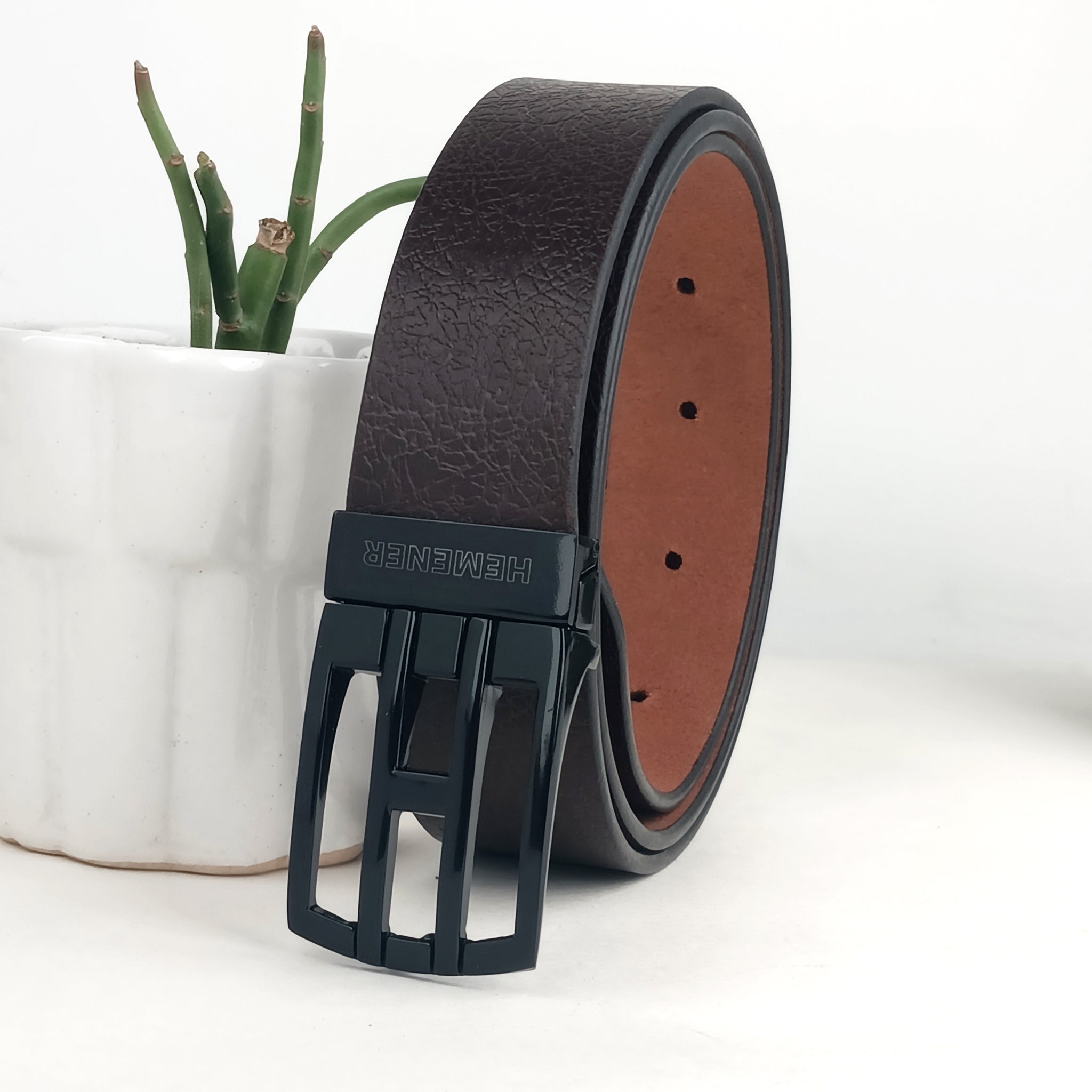 Hemener Men Metal Pin Hole Buckle Dark Brown Textured Pattern  Genuine Leather Belt