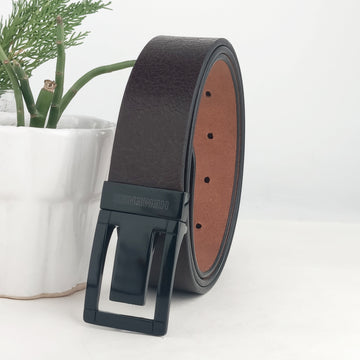 Hemener Men Metal Pin Hole Buckle Dark Brown Textured Pattern  Genuine Leather Belt