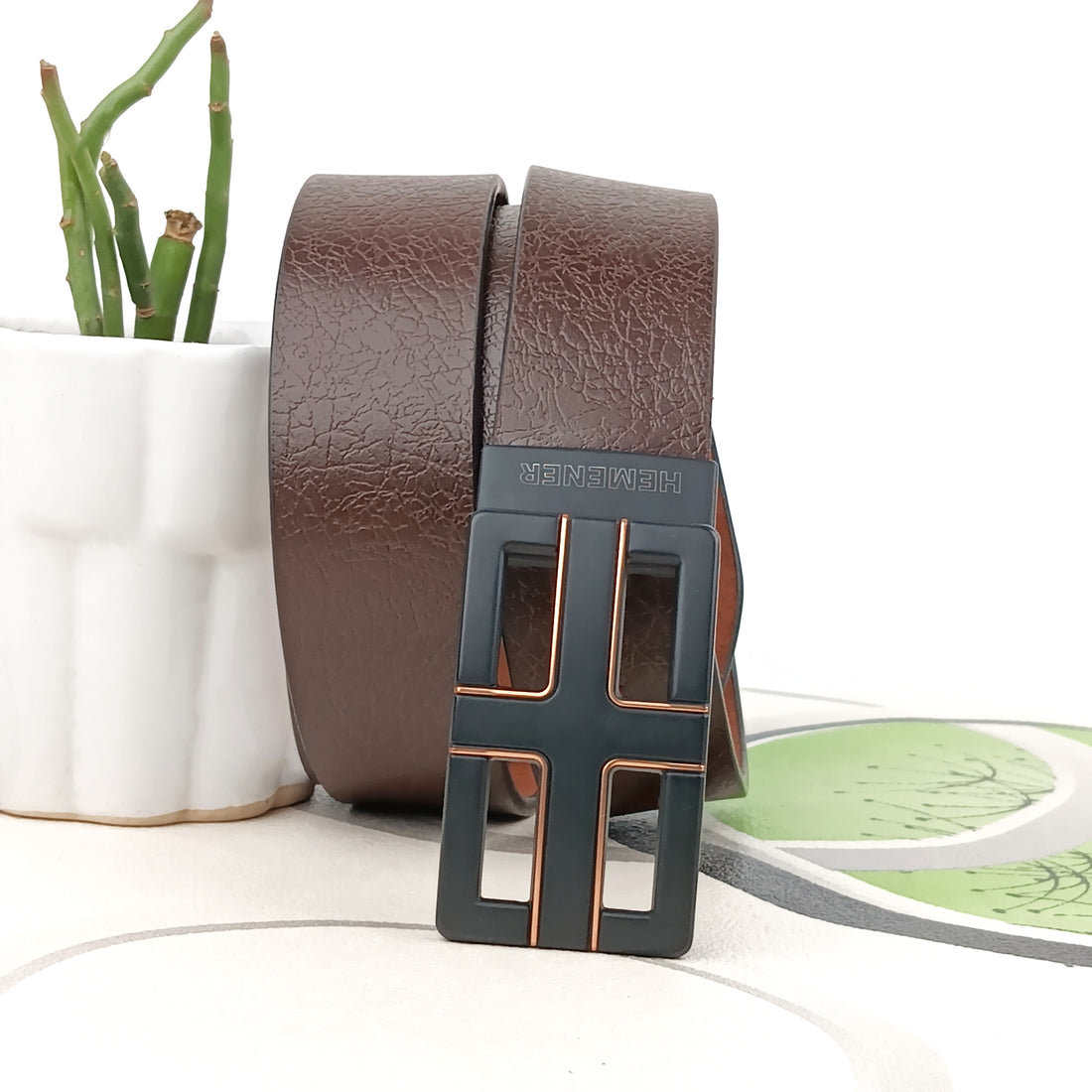 Hemener Men Metal Pin Hole Buckle Dark Brown Textured Pattern  Genuine Leather Belt