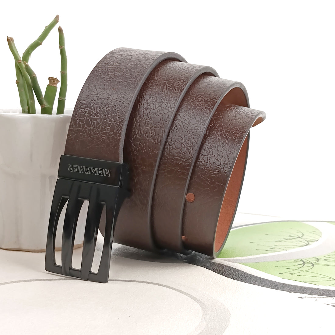 Hemener Men Metal Pin Hole Buckle Dark Brown Textured Pattern  Genuine Leather Belt