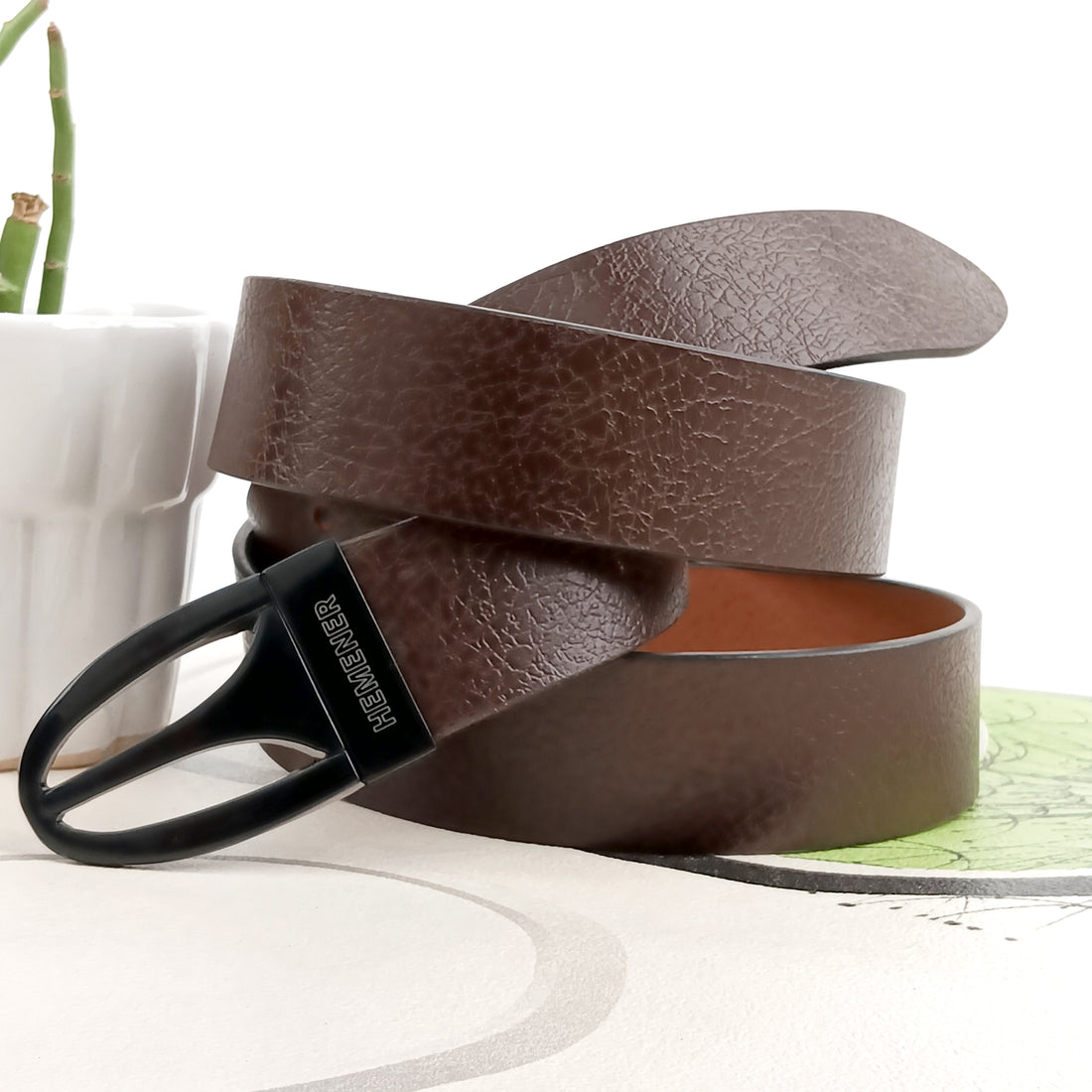 Hemener Men Metal Pin Hole Buckle Dark Brown Textured Pattern  Genuine Leather Belt