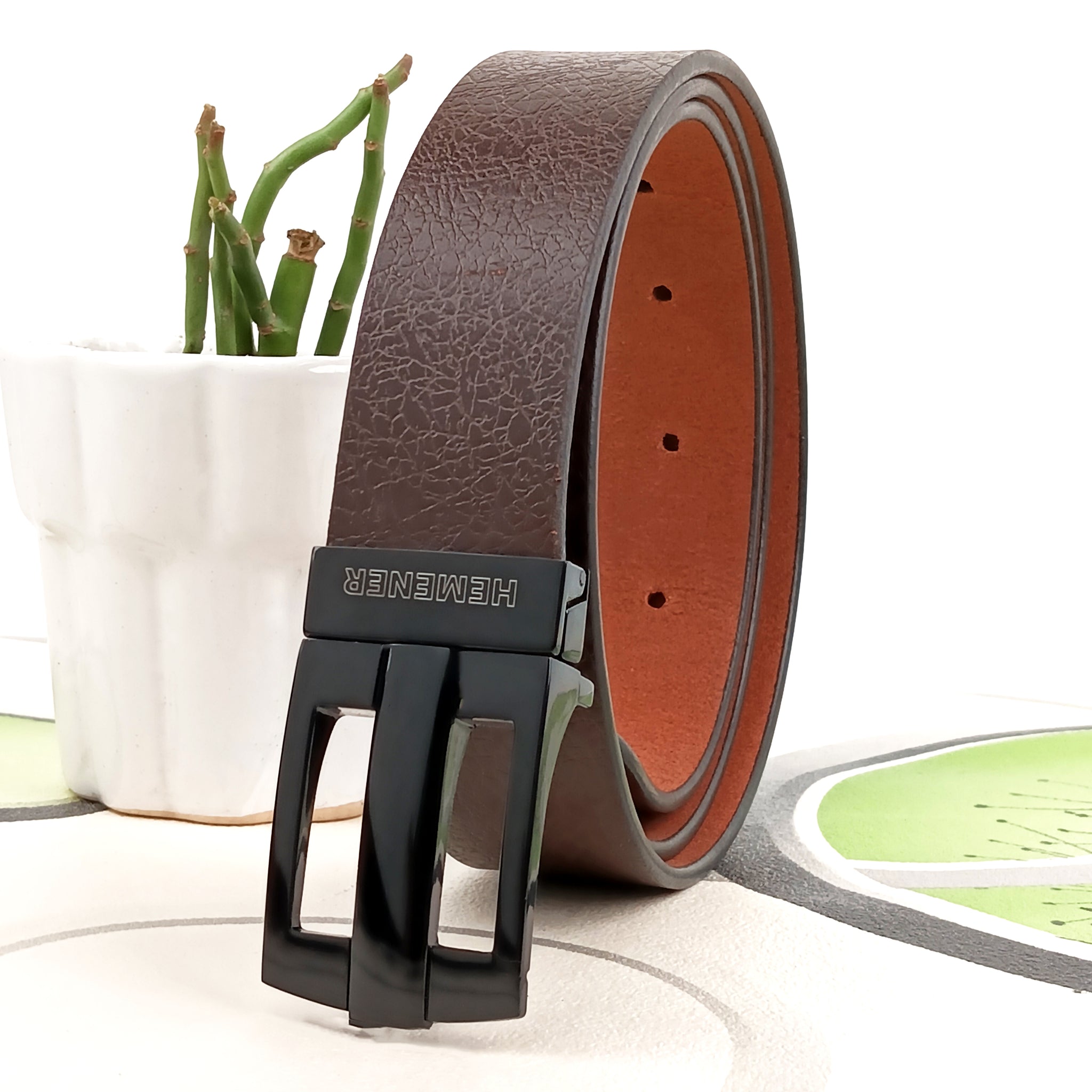 Hemener Men Metal Pin Hole Buckle Dark Brown Textured Pattern  Genuine Leather Belt