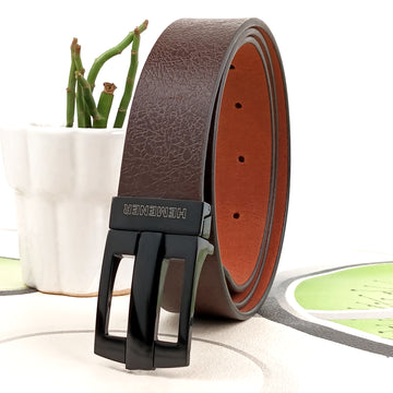 Hemener Men Metal Pin Hole Buckle Dark Brown Textured Pattern  Genuine Leather Belt