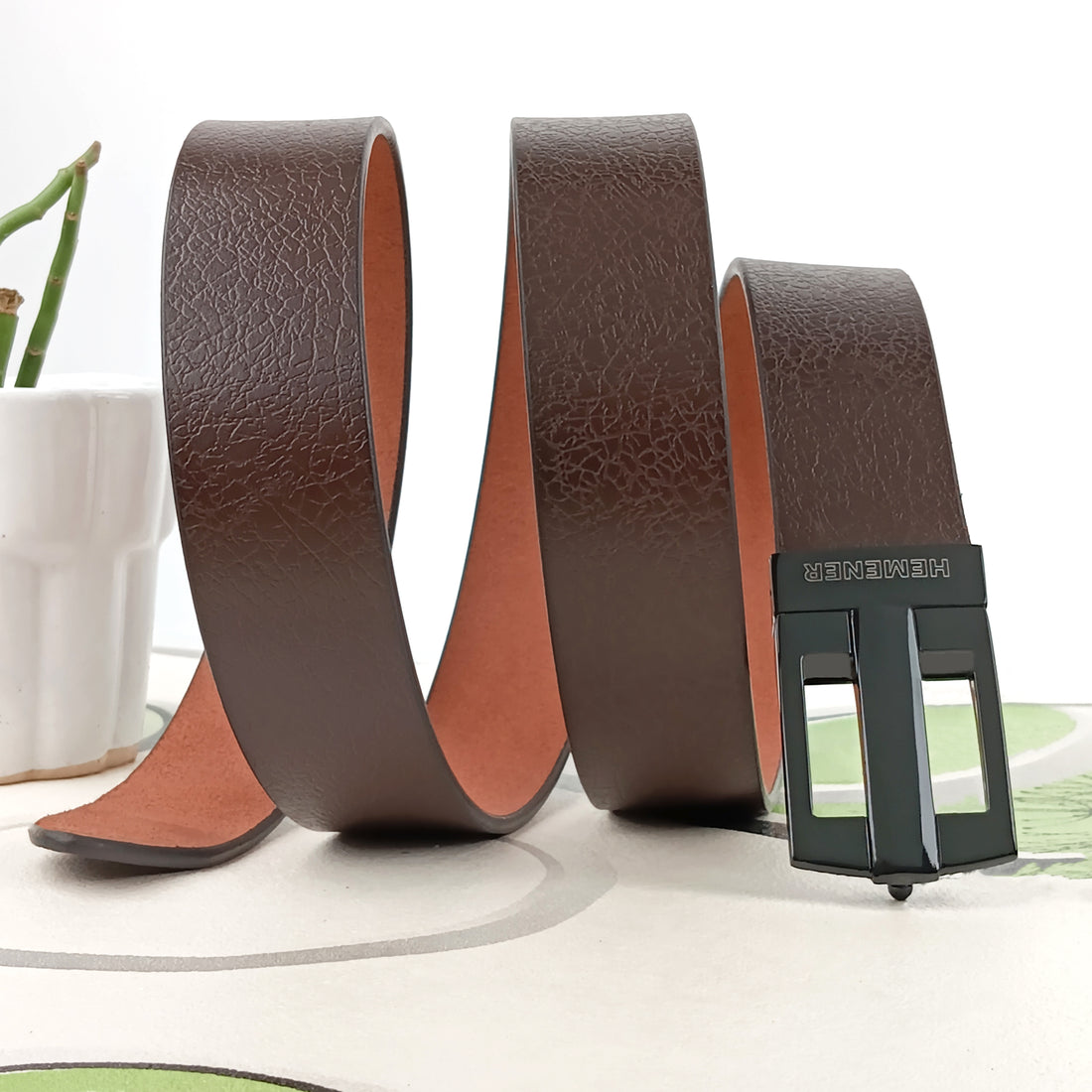 Hemener Men Metal Pin Hole Buckle Dark Brown Textured Pattern  Genuine Leather Belt