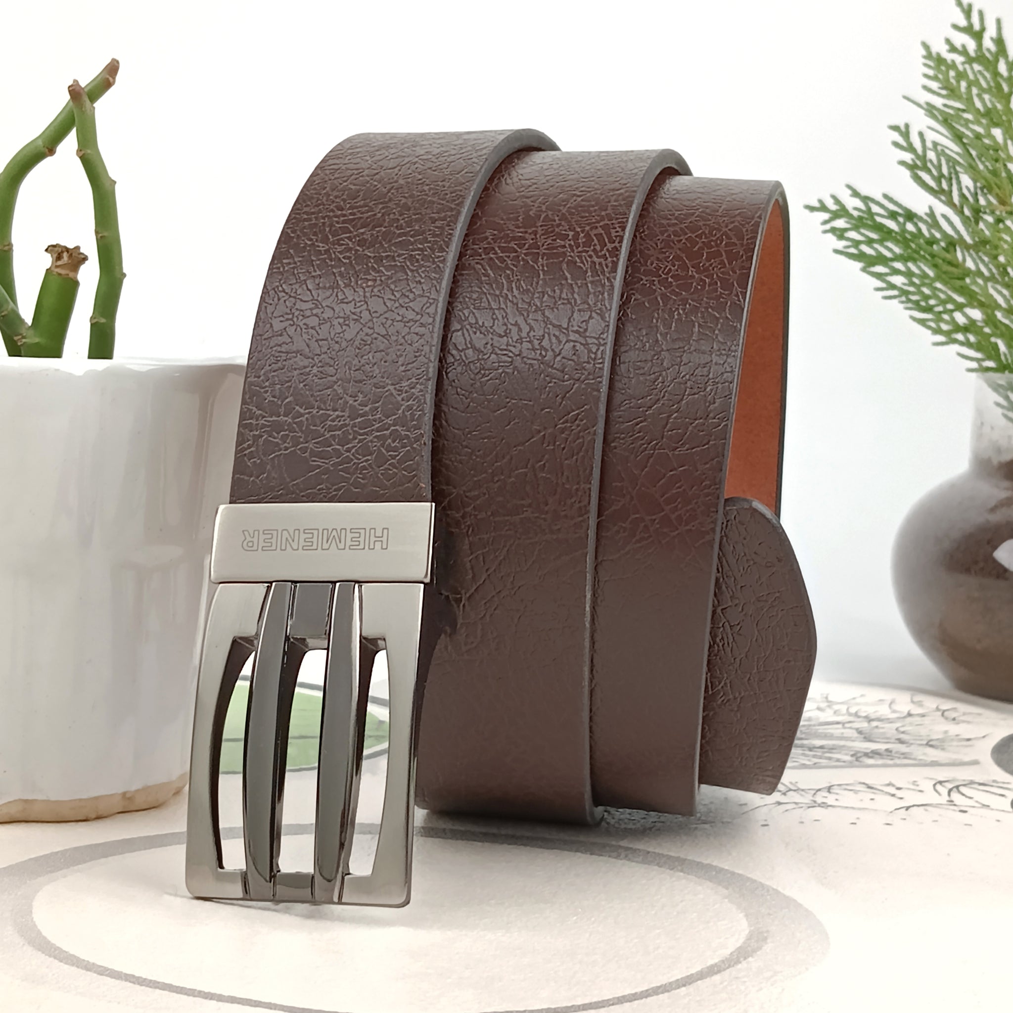 Hemener Men Metal Pin Hole Buckle Dark Brown Textured Pattern  Genuine Leather Belt