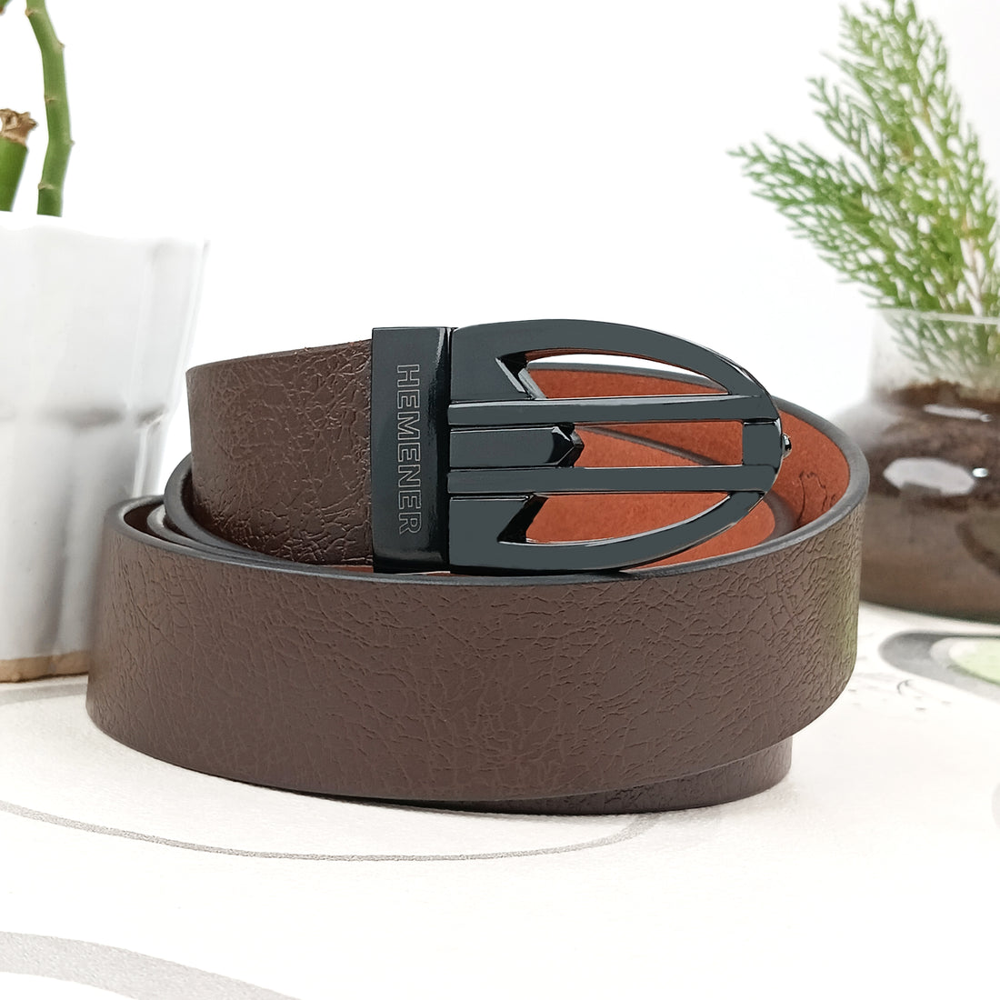 Hemener Men Metal Pin Hole Buckle Dark Brown Textured Pattern  Genuine Leather Belt