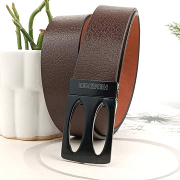 Hemener Men Metal Pin Hole Buckle Dark Brown Textured Pattern  Genuine Leather Belt