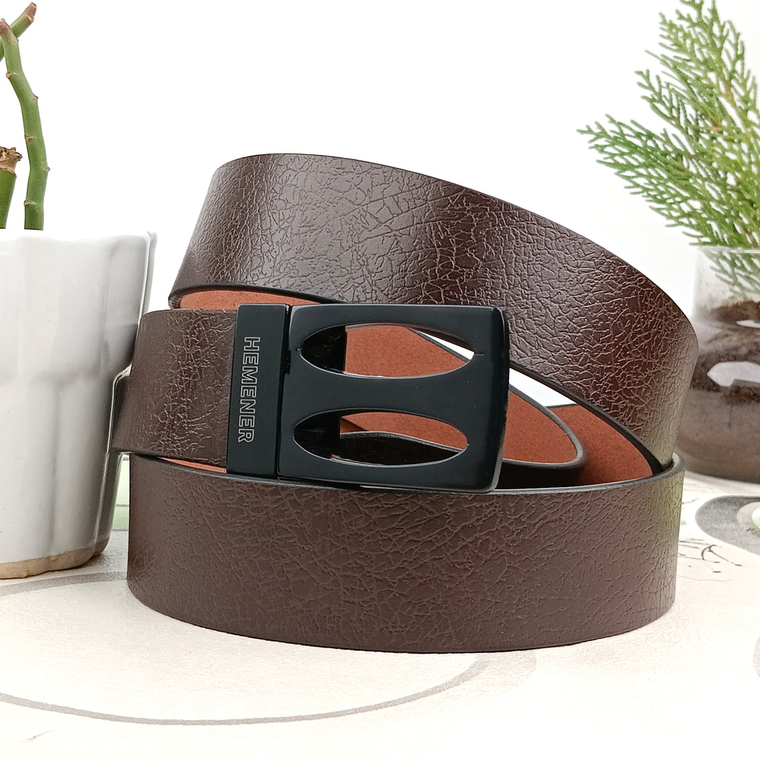 Hemener Men Metal Pin Hole Buckle Dark Brown Textured Pattern  Genuine Leather Belt